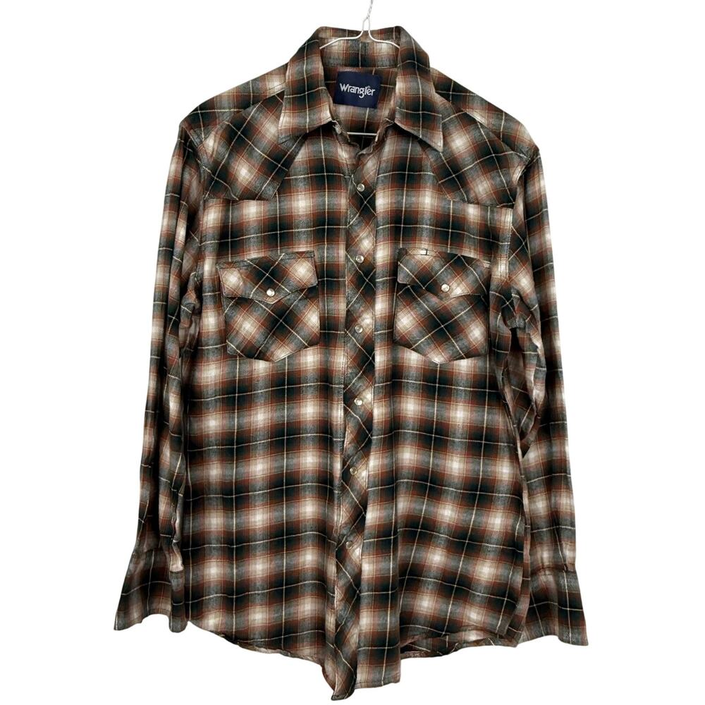 Vintage Wrangler Pearl Snap Western Plaid Shirt 100% Cotton Fits Large